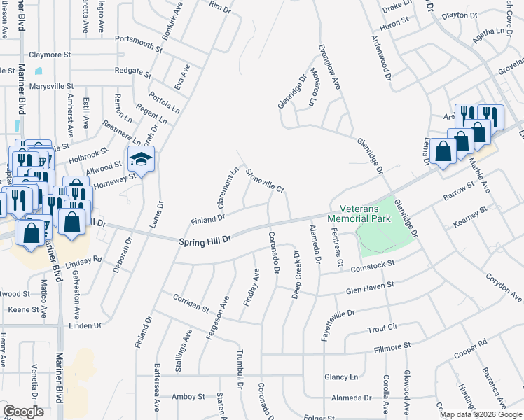 map of restaurants, bars, coffee shops, grocery stores, and more near 12170 Coronado Drive in Spring Hill
