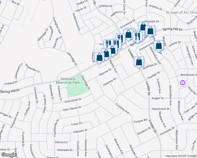 map of restaurants, bars, coffee shops, grocery stores, and more near 12396 Barrow Street in Spring Hill