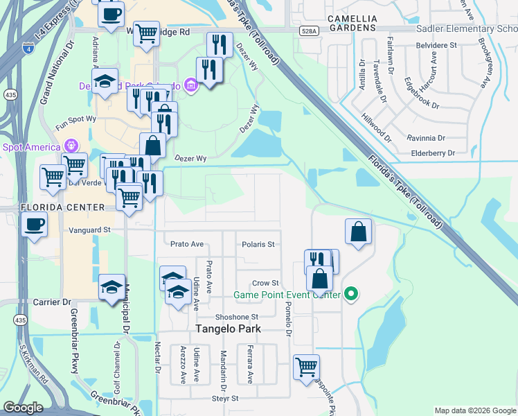 map of restaurants, bars, coffee shops, grocery stores, and more near 4902 Vanguard St in Orlando