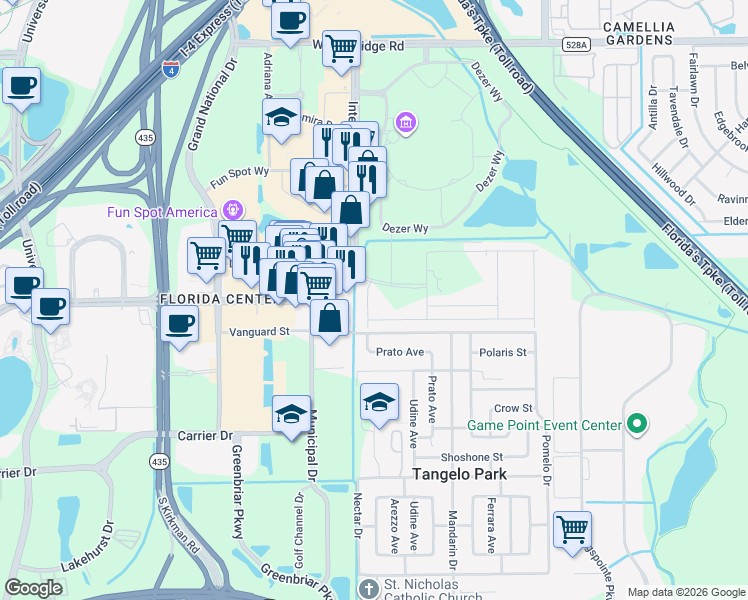map of restaurants, bars, coffee shops, grocery stores, and more near 5350 International Dr in Orlando
