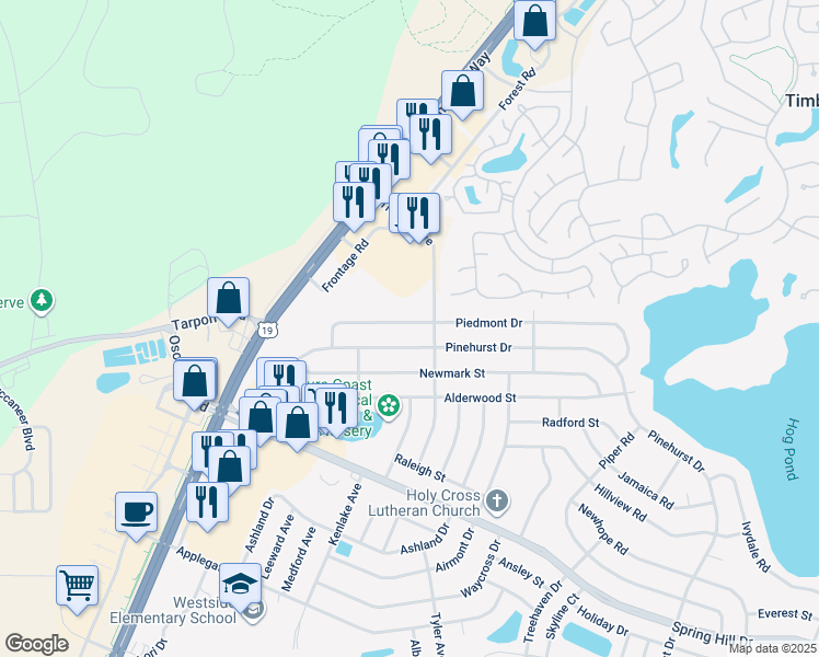 map of restaurants, bars, coffee shops, grocery stores, and more near 6076 Piedmont Drive in Spring Hill
