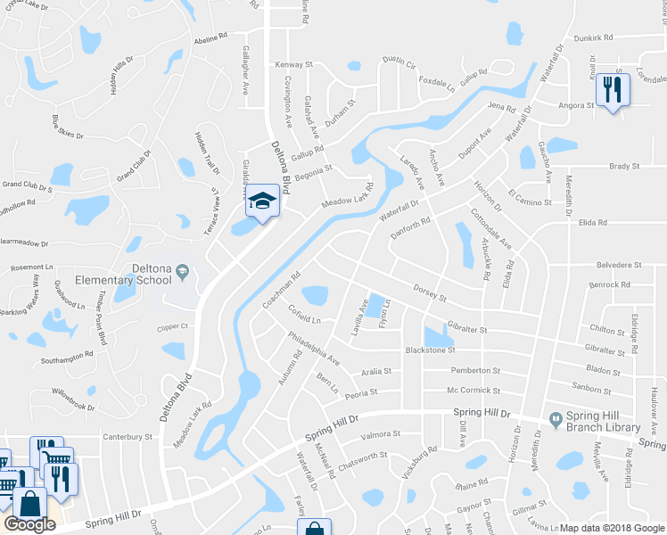 map of restaurants, bars, coffee shops, grocery stores, and more near 8365 Gibralter Street in Spring Hill