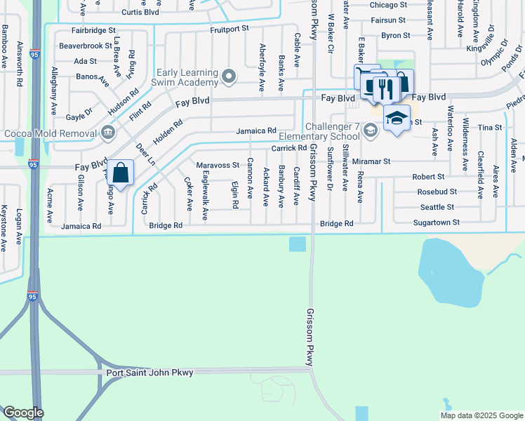 map of restaurants, bars, coffee shops, grocery stores, and more near 5930 Ackard Avenue in Cocoa