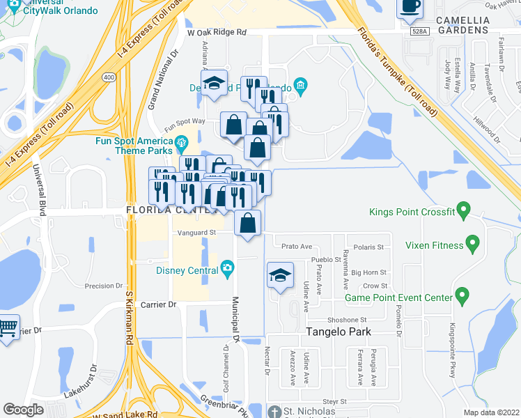 map of restaurants, bars, coffee shops, grocery stores, and more near 5350 International Drive in Orlando