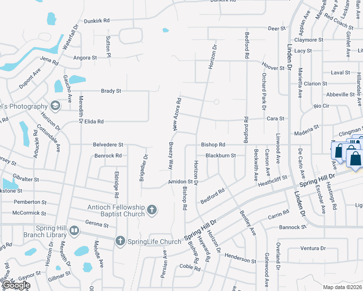 map of restaurants, bars, coffee shops, grocery stores, and more near 2098 Breezy Way in Spring Hill