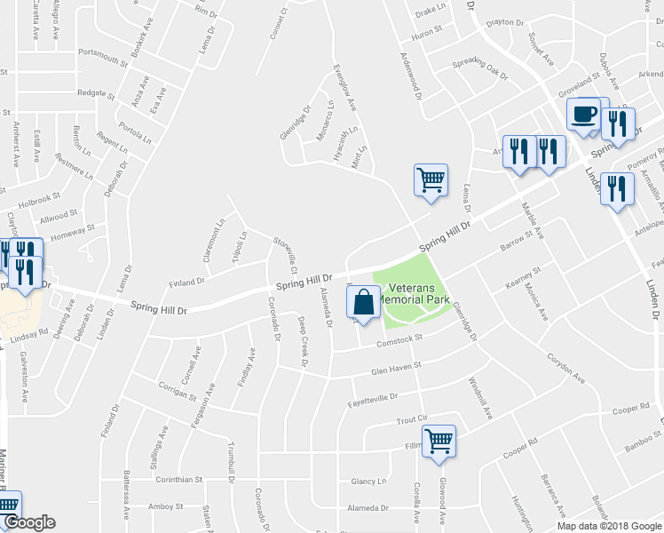 map of restaurants, bars, coffee shops, grocery stores, and more near 12173 Spring Hill Drive in Spring Hill