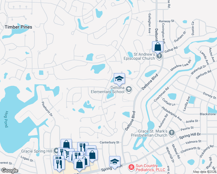 map of restaurants, bars, coffee shops, grocery stores, and more near 2113 Springmeadow Drive in Spring Hill