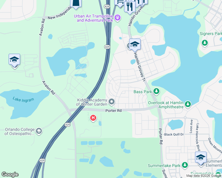 map of restaurants, bars, coffee shops, grocery stores, and more near 15453 Honeybell Drive in Winter Garden
