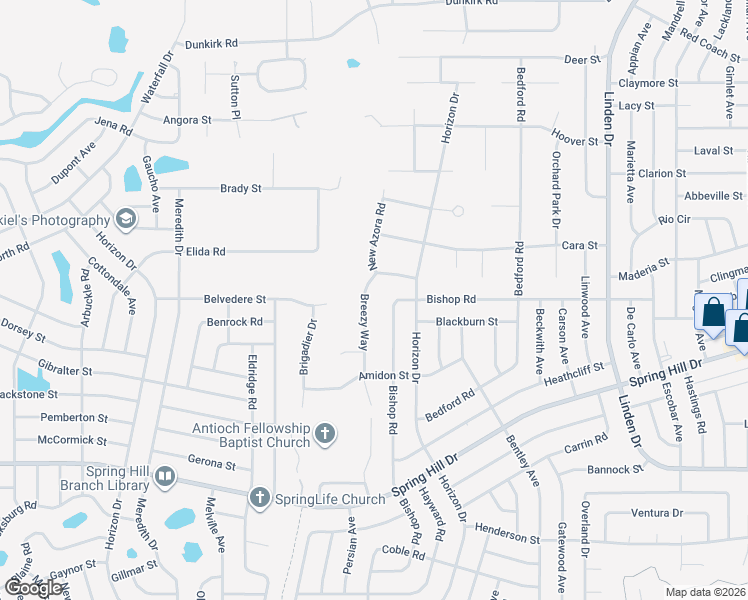 map of restaurants, bars, coffee shops, grocery stores, and more near 2098 Breezy Way in Spring Hill