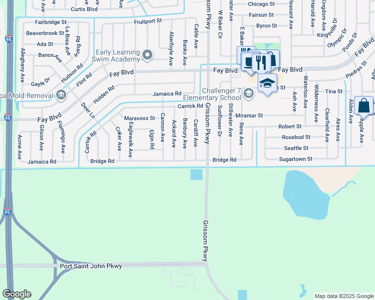 map of restaurants, bars, coffee shops, grocery stores, and more near 5931 Banbury Avenue in Cocoa