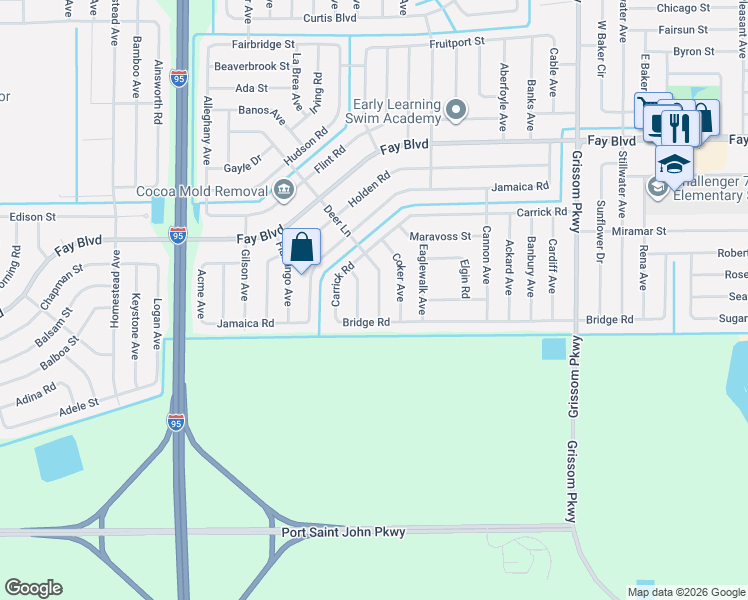 map of restaurants, bars, coffee shops, grocery stores, and more near 5947 Deer Lane in Cocoa