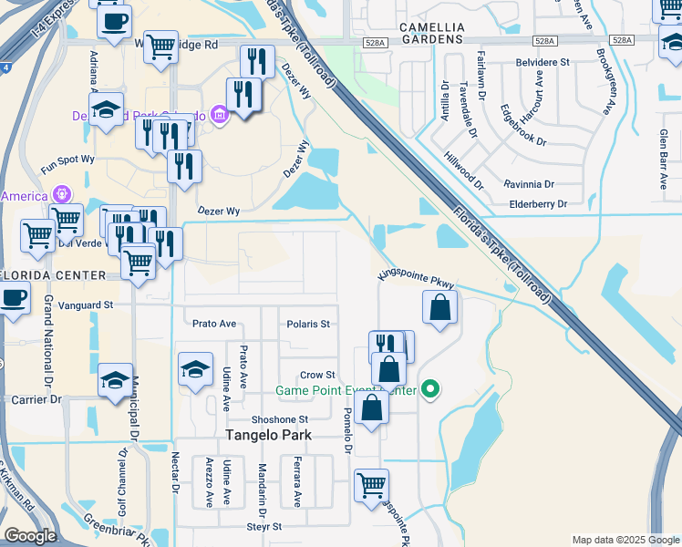 map of restaurants, bars, coffee shops, grocery stores, and more near 7312 Kingspointe Parkway in Orlando