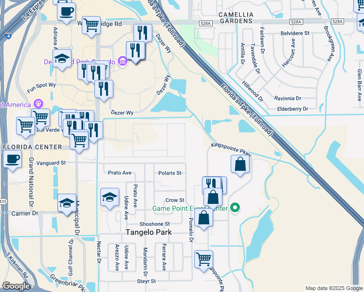 map of restaurants, bars, coffee shops, grocery stores, and more near 7312 Kingspointe Parkway in Orlando