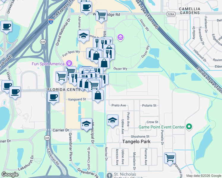 map of restaurants, bars, coffee shops, grocery stores, and more near 5350 International Dr in Orlando