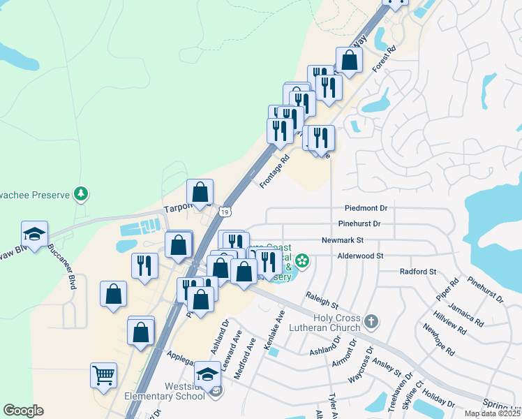 map of restaurants, bars, coffee shops, grocery stores, and more near 5505 Piedmont Drive in Spring Hill