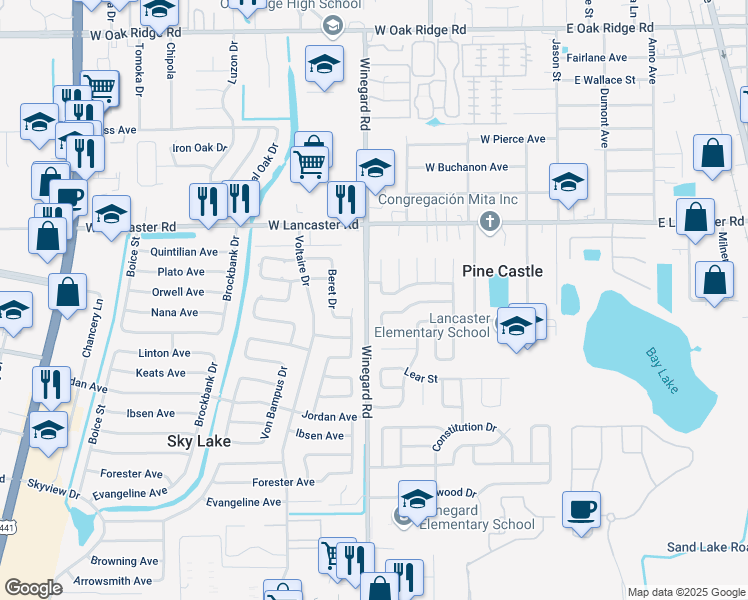 map of restaurants, bars, coffee shops, grocery stores, and more near 6703 Winegard Road in Orlando