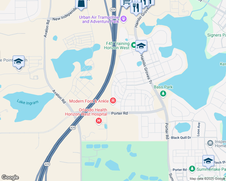 map of restaurants, bars, coffee shops, grocery stores, and more near 15453 Honeybell Drive in Winter Garden