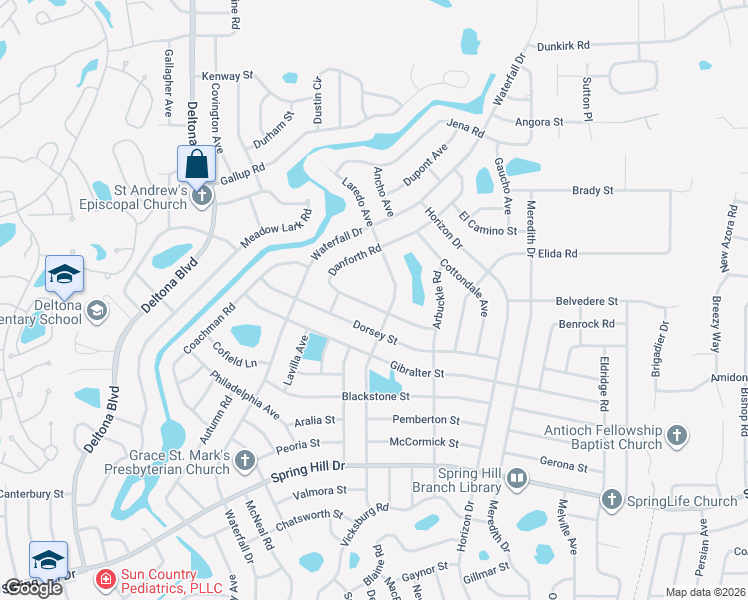 map of restaurants, bars, coffee shops, grocery stores, and more near 2160 Danforth Rd in Spring Hill