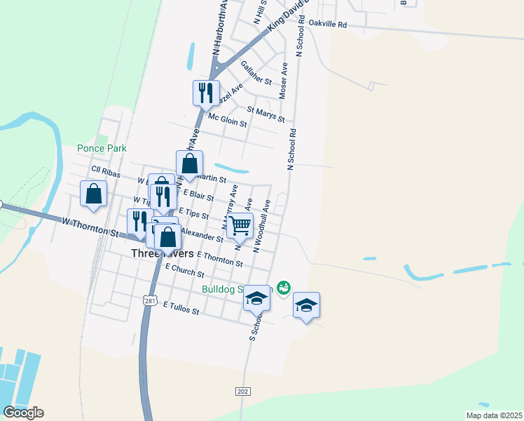 map of restaurants, bars, coffee shops, grocery stores, and more near 506 East Blair Street in Three Rivers