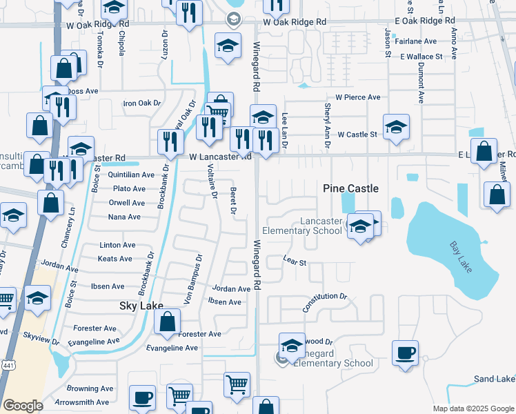 map of restaurants, bars, coffee shops, grocery stores, and more near 6703 Winegard Road in Orlando