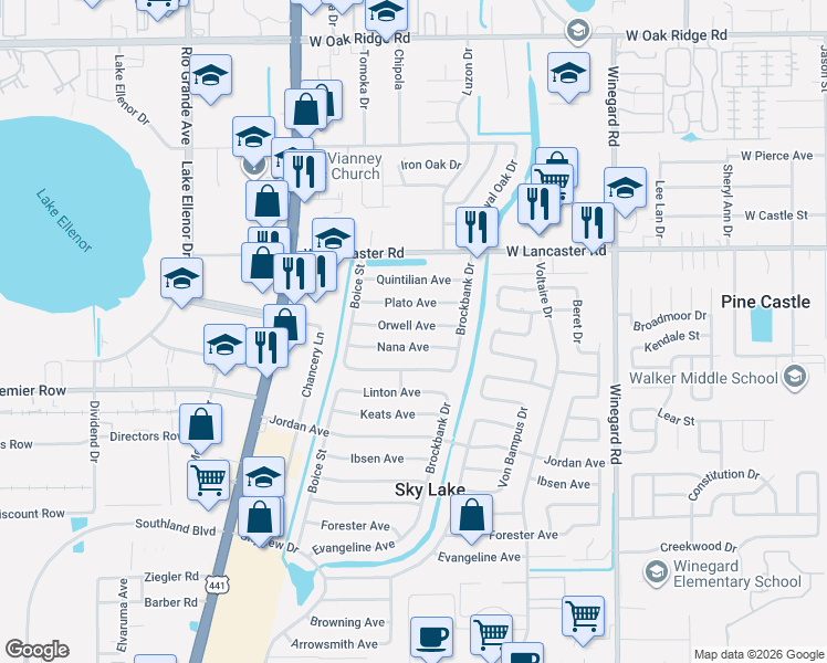 map of restaurants, bars, coffee shops, grocery stores, and more near 1004 Orwell Avenue in Orlando