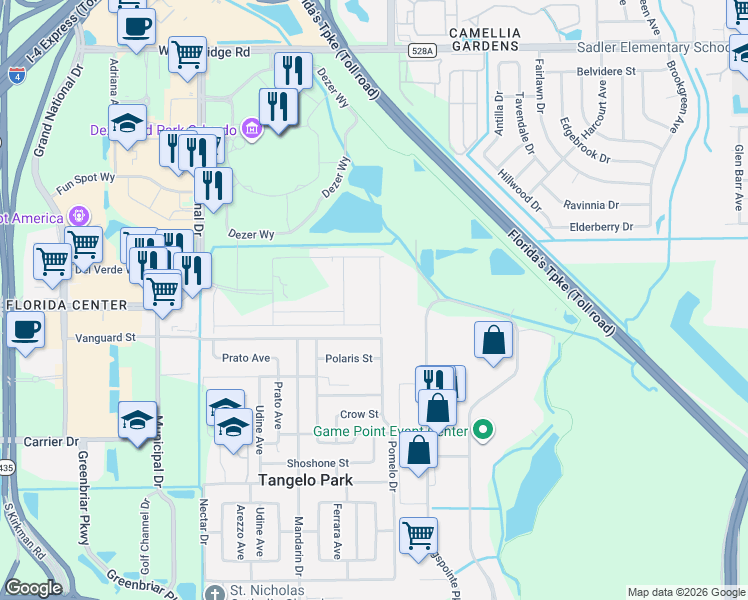 map of restaurants, bars, coffee shops, grocery stores, and more near 7312 Kingspointe Parkway in Orlando