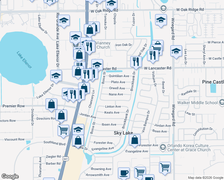 map of restaurants, bars, coffee shops, grocery stores, and more near 1118 Orwell Avenue in Orlando
