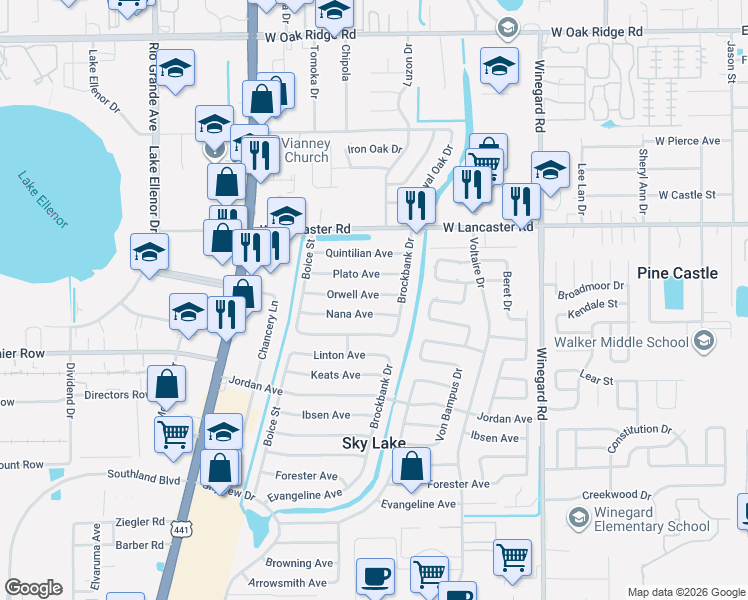 map of restaurants, bars, coffee shops, grocery stores, and more near 1004 Orwell Avenue in Orlando