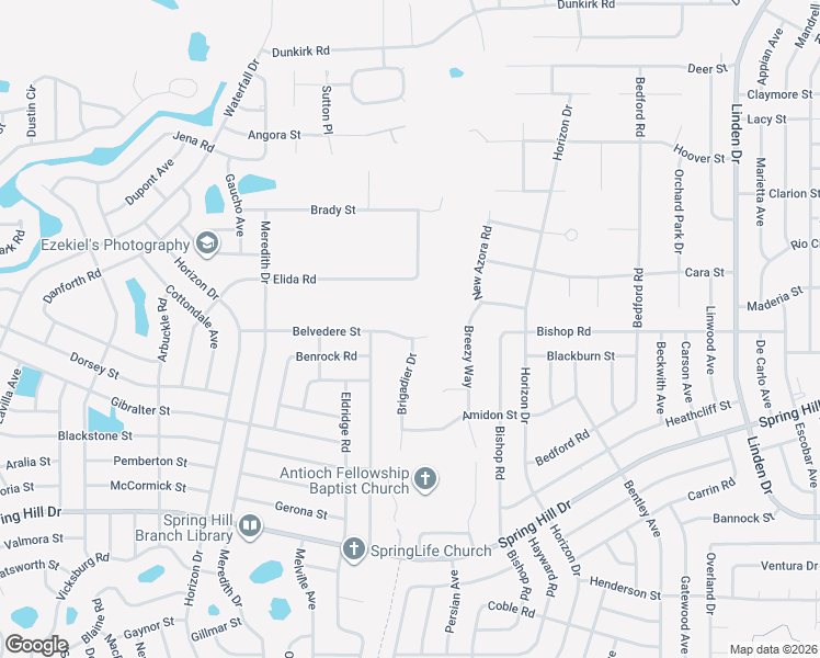 map of restaurants, bars, coffee shops, grocery stores, and more near 9383 Belvedere Street in Spring Hill