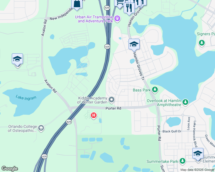 map of restaurants, bars, coffee shops, grocery stores, and more near 15453 Honeybell Drive in Winter Garden