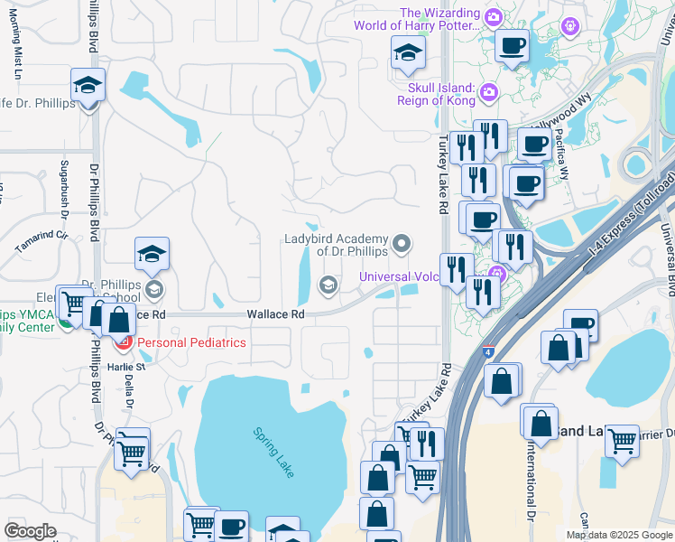map of restaurants, bars, coffee shops, grocery stores, and more near 7111 Showcase Lane in Orlando