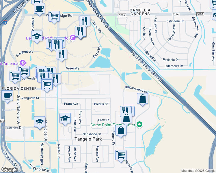map of restaurants, bars, coffee shops, grocery stores, and more near 7312 Kingspointe Parkway in Orlando
