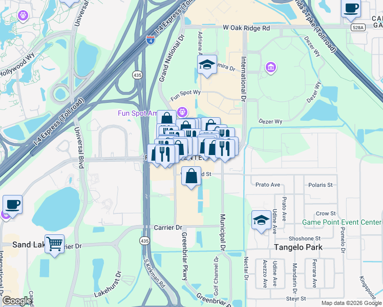 map of restaurants, bars, coffee shops, grocery stores, and more near 5430 International Drive in Orlando