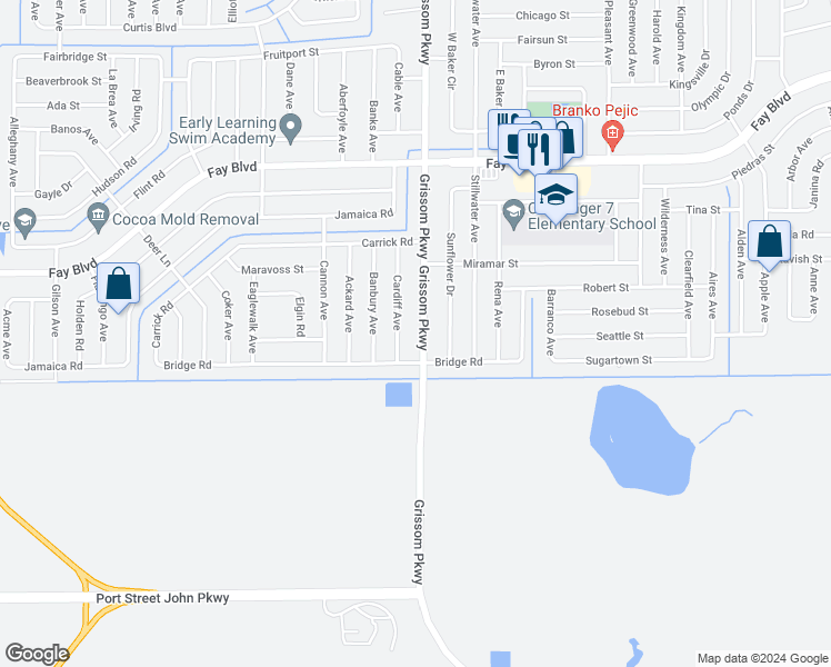 map of restaurants, bars, coffee shops, grocery stores, and more near 5980 Grissom Parkway in Cocoa