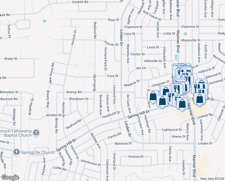 map of restaurants, bars, coffee shops, grocery stores, and more near 2089 Linwood Avenue in Spring Hill