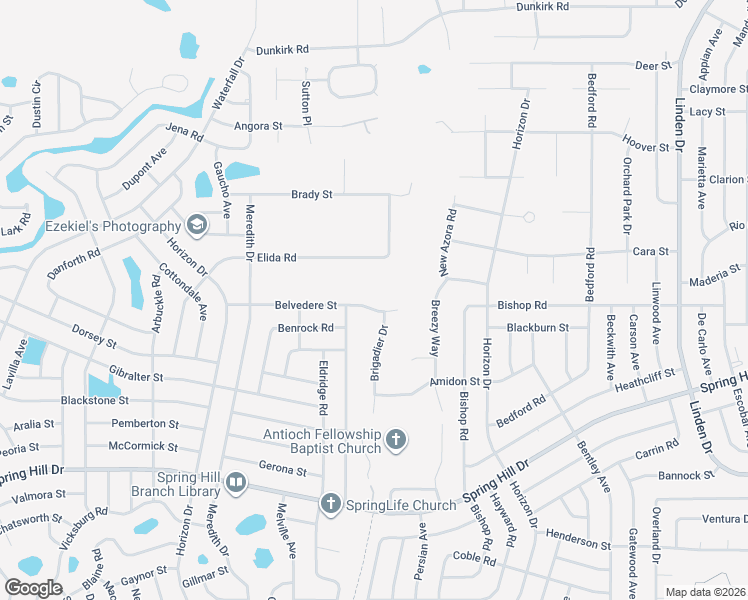 map of restaurants, bars, coffee shops, grocery stores, and more near 9383 Belvedere Street in Spring Hill
