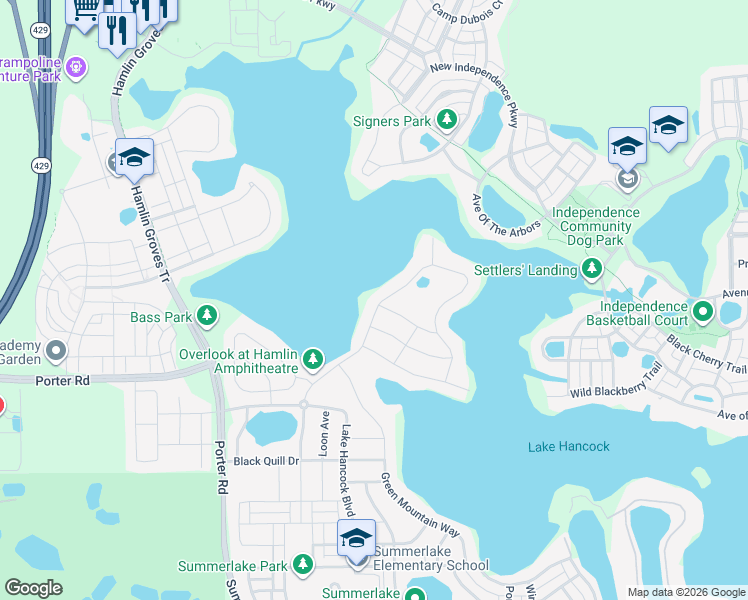map of restaurants, bars, coffee shops, grocery stores, and more near 7568 John Hancock Drive in Winter Garden