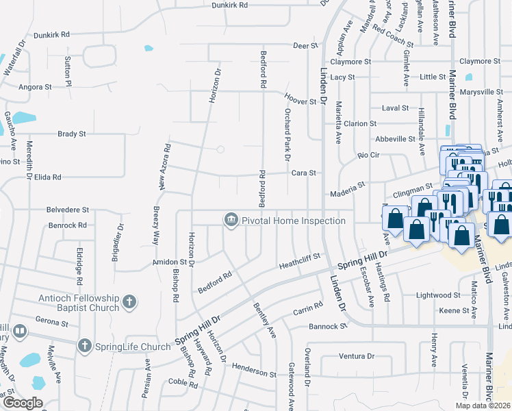 map of restaurants, bars, coffee shops, grocery stores, and more near 2253 Bishop Road in Spring Hill