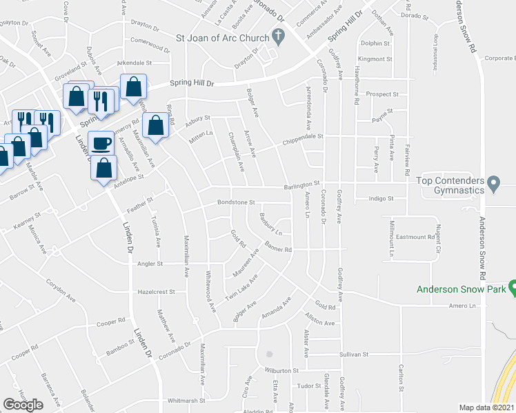 map of restaurants, bars, coffee shops, grocery stores, and more near 13412 Bondstone Street in Spring Hill
