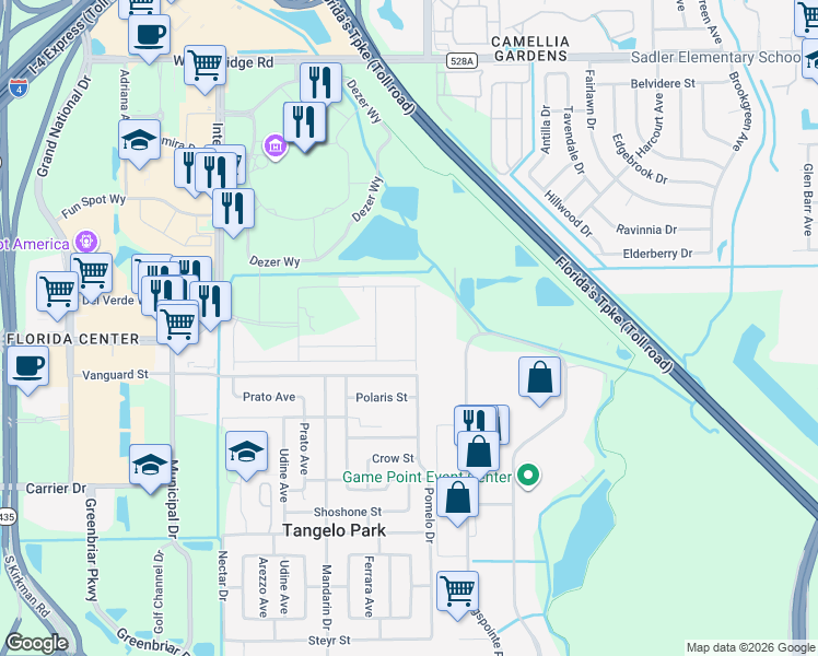 map of restaurants, bars, coffee shops, grocery stores, and more near 7312 Kingspointe Parkway in Orlando