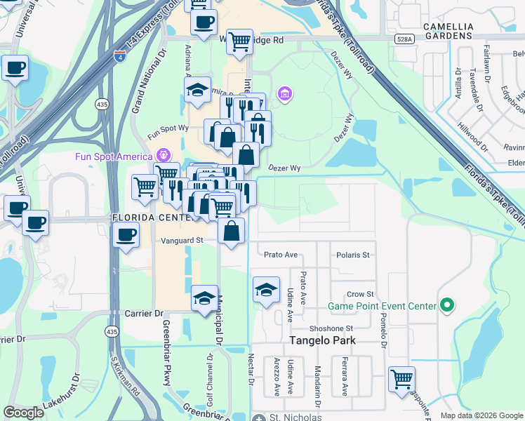 map of restaurants, bars, coffee shops, grocery stores, and more near 5350 International Dr in Orlando