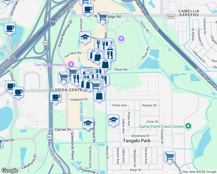 map of restaurants, bars, coffee shops, grocery stores, and more near 5350 International Dr in Orlando