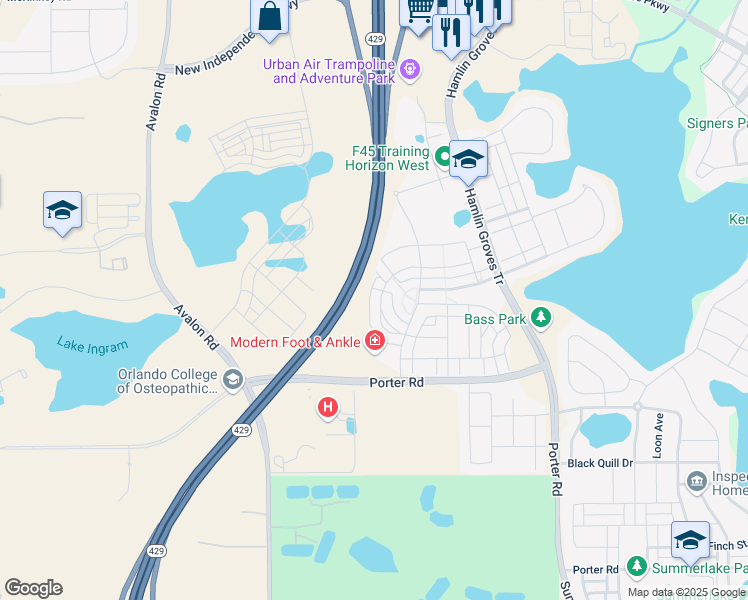 map of restaurants, bars, coffee shops, grocery stores, and more near 15453 Honeybell Drive in Winter Garden