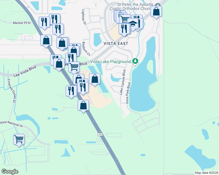 map of restaurants, bars, coffee shops, grocery stores, and more near 6912 Remington View Court in Orlando