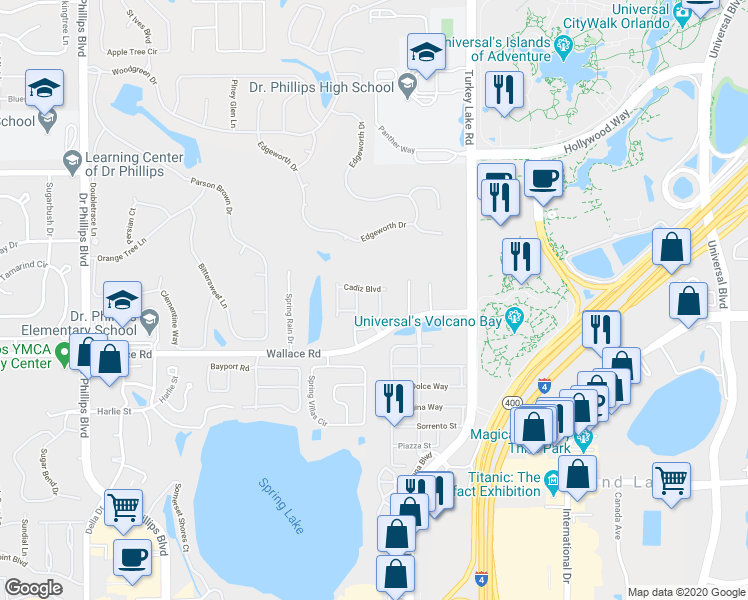 map of restaurants, bars, coffee shops, grocery stores, and more near 6855 Sperone Street in Orlando
