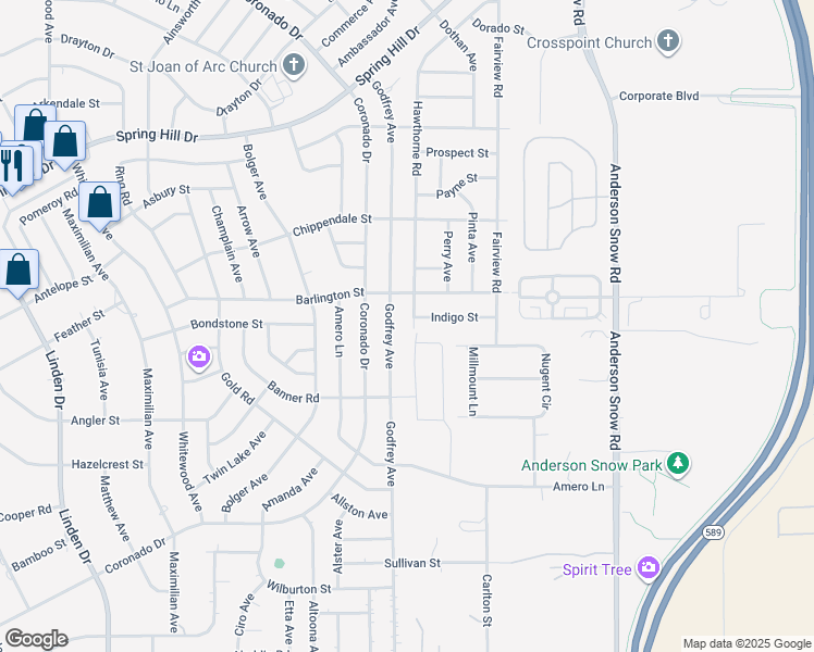 map of restaurants, bars, coffee shops, grocery stores, and more near 2123 Hawthorne Road in Spring Hill