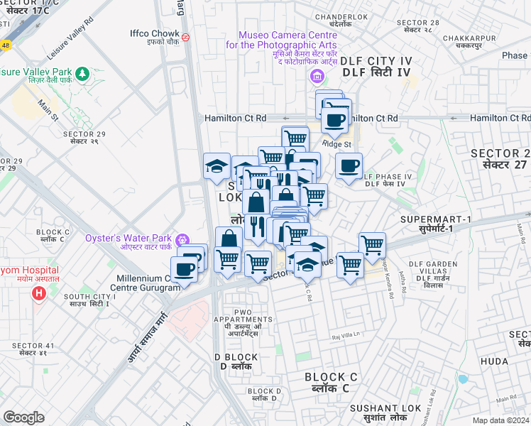 map of restaurants, bars, coffee shops, grocery stores, and more near in Gurugram