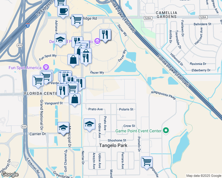 map of restaurants, bars, coffee shops, grocery stores, and more near 5001 Vanguard Street in Orlando