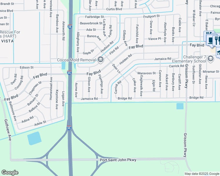 map of restaurants, bars, coffee shops, grocery stores, and more near 5625 Jamaica Road in Cocoa