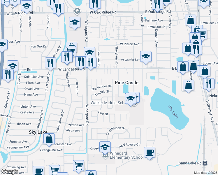 map of restaurants, bars, coffee shops, grocery stores, and more near 557 Kendale Street in Orlando